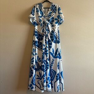 Shein Curve Blue and White Abstract Tropical Designed Dress, Size 2XL